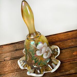 Vintage Fenton Gold Iridescent White Trimmed Bell Hand Painted Signed Limited Ed